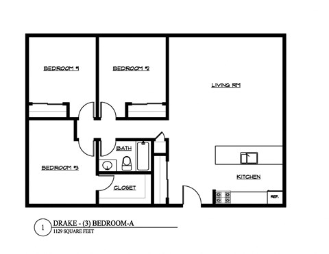 Floor plan for 3 beds, 1 bath, 1129 sqft